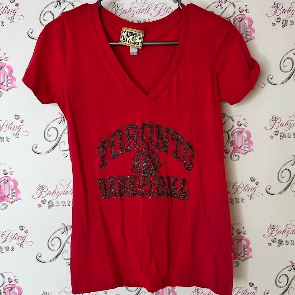 NBA Toronto raptors Hardwood classics Red Basketball Women's V-Neck Tee sparkly